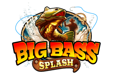 Cartoon fisherman in a pink shirt and cream cowboy hat holding a fishing rod beside a large bass fish mascot in a brown vest, canyon cliffs and a turquoise water splash behind the Big Bass Splash logo