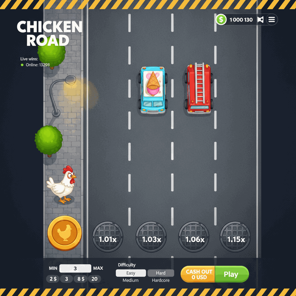 Chicken Road game screen showing a cartoon white chicken on a grey cobblestone sidewalk preparing to cross a multi-lane road with white dashed lane markers, manhole covers displaying multiplier values, and urban scenery including green trees and a street lamp