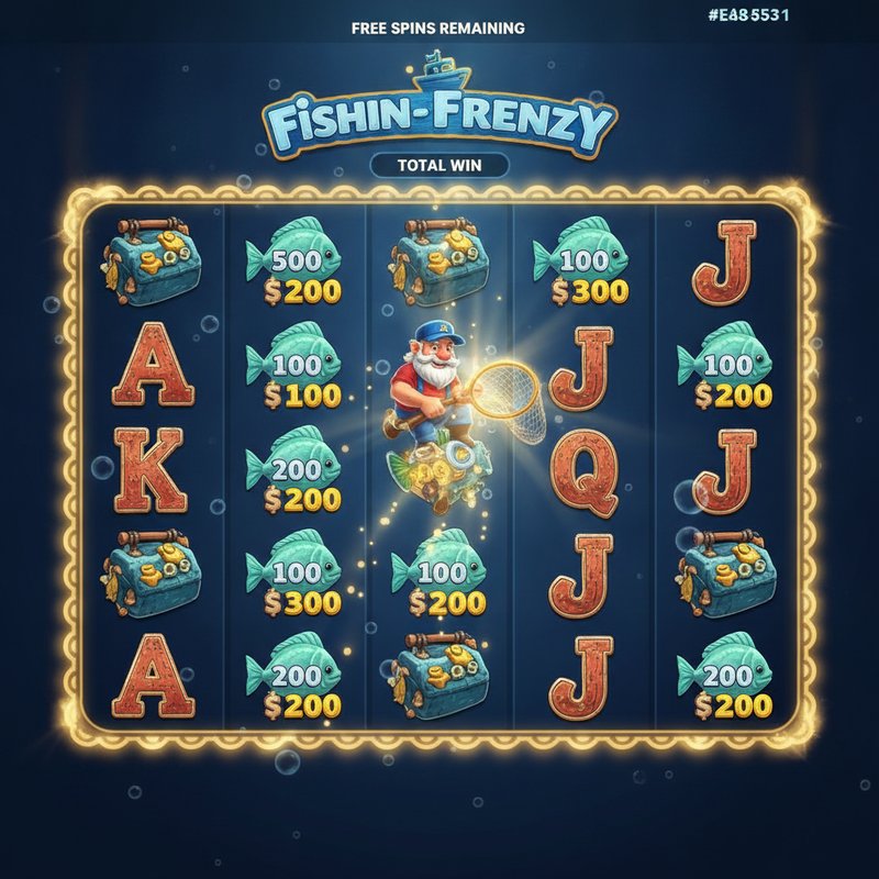 Fishin Frenzy free games round with fisherman wild collecting fish prize values from the reels