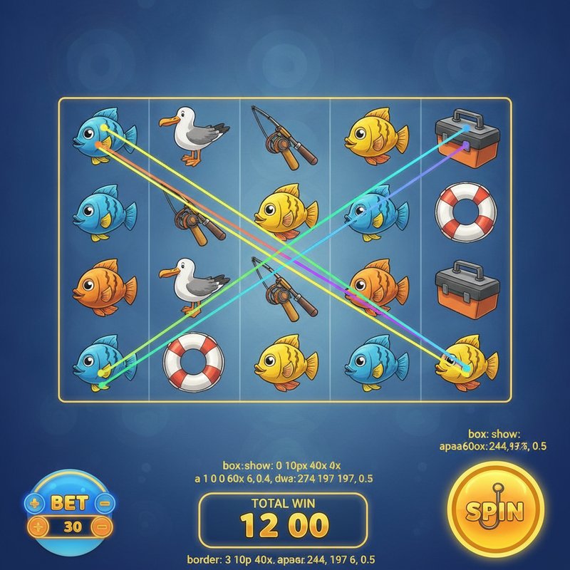 Fishin Frenzy gameplay showing coloured paylines active across the 5x3 reel grid with bet controls