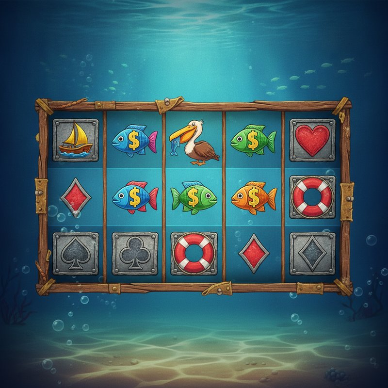 Fishin Frenzy slot main screen showing the 5x3 ocean-themed reel grid with pelican, boat scatter and card symbols