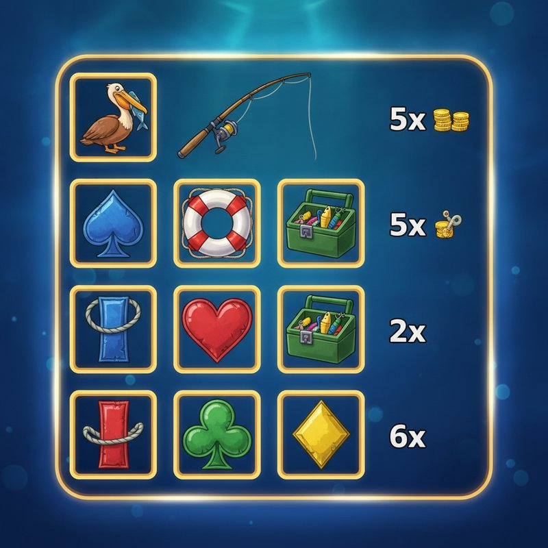 Fishin Frenzy paytable showing pelican, fishing rod, life preserver, tackle box and card symbol payouts
